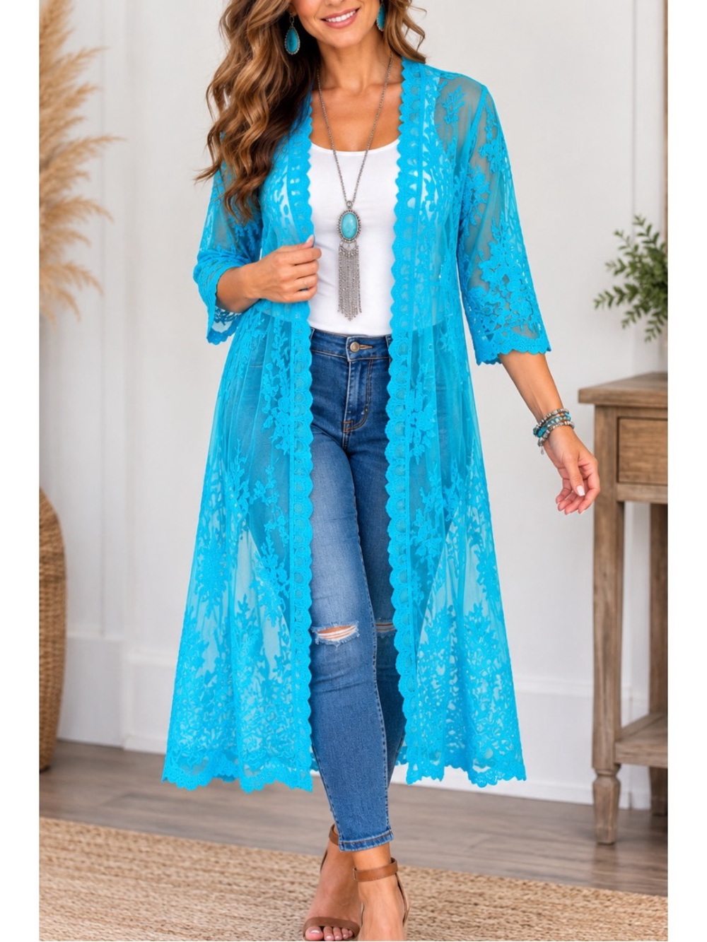 Cedar Rose Turquoise Blue Lace Duster Shawl size S/M